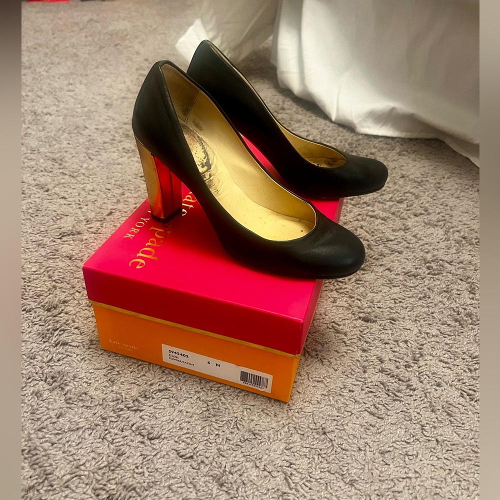 Kate Spade Black Gold block heels women’s size 6.5 pre-loved with original box